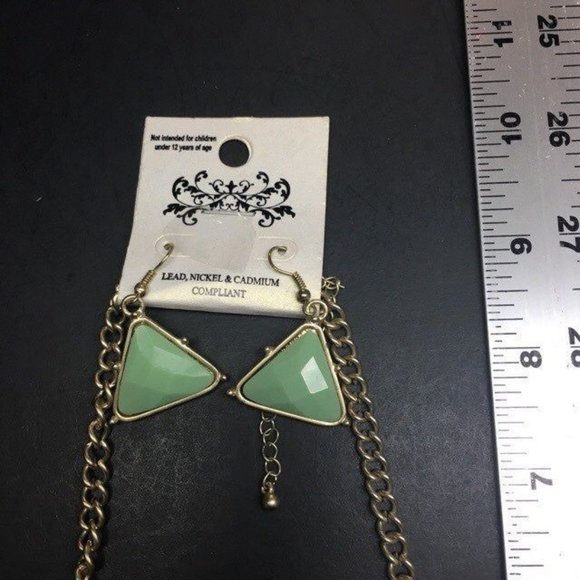 Triangle Necklace Earrings Jadeite Green Gold Dangle Pierced Retro Geometric - Picture 6 of 6